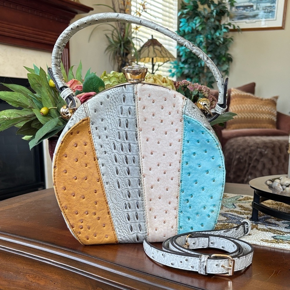 Colorful Patchwork Striped Round Faux Ostrich Jewel Clamp Close Crossbody Purse